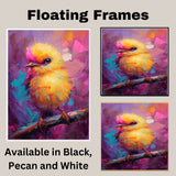 Modern Baby Bird Painting with Vivid Color Contrast Featuring Blue Pink and Yellow Feathers in Oil Style Brushwork for Artistic Home or Office Spaces on Ready to Hang 1.5" Thick Canvas Wrap, Floating Framed Canvas, Flat Rolled Canvas
