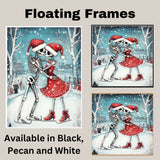 Whimsical Skeleton Couple Ice Skating Christmas Art – Gothic Holiday Romance Wall Print, Festive Skeleton Love in Red Santa Hats, Spooky Cute Winter Decor on Ready to Hang 1.5" Thick Canvas Wrap, Floating Framed Canvas, Flat Rolled Canvas