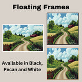 Winding Country Road with Red Barn and Green Hills – Bright Summer Folk Art Landscape Print on Ready to Hang 1.5" Thick Canvas Wrap, Floating Framed Canvas, Flat Rolled Canvas