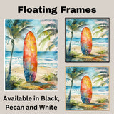 Watercolor Painting of a Multicolored Surfboard Standing Upright on a Tropical Beach with Palm Trees and Ocean Waves on Ready to Hang 1.5" Thick Canvas Wrap, Floating Framed Canvas, Flat Rolled Canvas