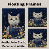 Charming White Cat in Floral Overalls Hand Painted Art Magical Starry Night Scene Perfect for Nursery Kids Room Home Wall Decor Bedroom or Animal Lovers Gift on Ready to Hang 1.5" Thick Canvas Wrap, Floating Framed Canvas, Flat Rolled Canvas