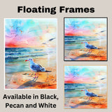 Vibrant Watercolor Seagull by Shoreline with Sunset Sky and Ocean Waves in a Peaceful Coastal Scene on Ready to Hang 1.5" Thick Canvas Wrap, Floating Framed Canvas, Flat Rolled Canvas