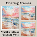 Watercolor Seagull on Shoreline at Sunset with Ocean Waves and Pink Orange Sky in a Peaceful Coastal Scene on Ready to Hang 1.5" Thick Canvas Wrap, Floating Framed Canvas, Flat Rolled Canvas