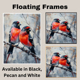 Colorful Bullfinches on Winter Branch Painting Print Featuring Red and Black Songbirds Perched in a Snowy Forest Scene with Artistic Background on Ready to Hang 1.5" Thick Canvas Wrap, Floating Framed Canvas, Flat Rolled Canvas