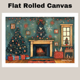 Warm Winter Wishes – Festive Living Room with Fireplace & Tree on Ready to Hang 1.5" Thick Canvas Wrap, Floating Framed Canvas, Flat Rolled Canvas