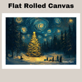 A Surreal Night Scene of a Glowing Christmas Tree with Gifts on Ready to Hang 1.5" Thick Canvas Wrap, Floating Framed Canvas, Flat Rolled Canvas