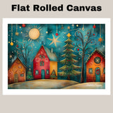Twinkling Stars and Holiday Dreams – Christmas Folk Art Print on Ready to Hang 1.5" Thick Canvas Wrap, Floating Framed Canvas, Flat Rolled Canvas
