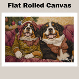 Christmas Canvas  - Bernese Elegance - Sophisticated Bernese Mountain Dogs Lounging on a Vintage Red Ornate Sofa on Ready to Hang 1.5" Thick Canvas Wrap, Floating Framed Canvas, Flat Rolled Canvas