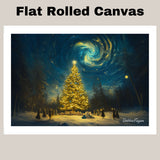 A Surreal Night Scene of a Glowing Christmas Tree on Ready to Hang 1.5" Thick Canvas Wrap, Floating Framed Canvas, Flat Rolled Canvas