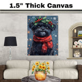 Affenpinscher Christmas Dog Wall Art with Red Scarf and Holly Wreath for Winter Snow Festive Puppy Holiday Artwork on Flat Rolled, Framed or Wrapped Canvas
