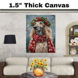 Afghan Hound Christmas Dog Wall Art with Red Scarf and Holly Wreath for Winter Snow Festive Puppy Holiday Artwork on Flat Rolled, Framed or Wrapped Canvas