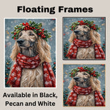 Afghan Hound Christmas Dog Wall Art with Red Scarf and Holly Wreath for Winter Snow Festive Puppy Holiday Artwork on Flat Rolled, Framed or Wrapped Canvas