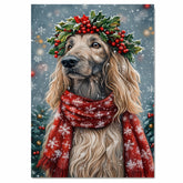 Afghan Hound Christmas Dog Wall Art with Red Scarf and Holly Wreath for Winter Snow Festive Puppy Holiday Artwork on Flat Rolled, Framed or Wrapped Canvas
