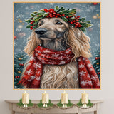 Afghan Hound Christmas Dog Wall Art with Red Scarf and Holly Wreath for Winter Snow Festive Puppy Holiday Artwork on Flat Rolled, Framed or Wrapped Canvas