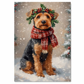 Airedale Terrier Christmas Dog Wall Art with Red Scarf and Holly Wreath for Winter Snow Festive Puppy Holiday Artwork on Flat Rolled, Framed or Wrapped Canvas