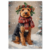 Airedale Terrier Christmas Dog Wall Art with Red Scarf and Holly Wreath for Winter Snow Festive Puppy Holiday Artwork on Flat Rolled, Framed or Wrapped Canvas