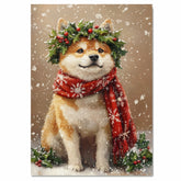 Akita Christmas Dog Wall Art with Red Scarf and Holly Wreath for Winter Snow Festive Puppy Holiday Artwork on Flat Rolled, Framed or Wrapped Canvas