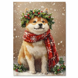 Akita Christmas Dog Wall Art with Red Scarf and Holly Wreath for Winter Snow Festive Puppy Holiday Artwork on Flat Rolled, Framed or Wrapped Canvas