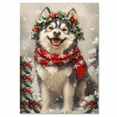 Alaskan Malamute Christmas Dog Wall Art with Red Scarf and Holly Wreath for Winter Snow Festive Puppy Holiday Artwork on Flat Rolled, Framed or Wrapped Canvas