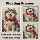 Alaskan Malamute Christmas Dog Wall Art with Red Scarf and Holly Wreath for Winter Snow Festive Puppy Holiday Artwork on Flat Rolled, Framed or Wrapped Canvas