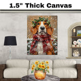 American English Foxhound Christmas Dog Wall Art with Red Scarf and Holly Wreath for Winter Snow Festive Puppy Holiday Artwork on Flat Rolled, Framed or Wrapped Canvas