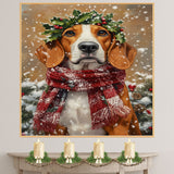 American English Foxhound Christmas Dog Wall Art with Red Scarf and Holly Wreath for Winter Snow Festive Puppy Holiday Artwork on Flat Rolled, Framed or Wrapped Canvas