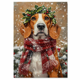 American English Foxhound Christmas Dog Wall Art with Red Scarf and Holly Wreath for Winter Snow Festive Puppy Holiday Artwork on Flat Rolled, Framed or Wrapped Canvas