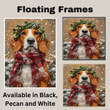 American English Foxhound Christmas Dog Wall Art with Red Scarf and Holly Wreath for Winter Snow Festive Puppy Holiday Artwork on Flat Rolled, Framed or Wrapped Canvas