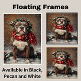 American Staffordshire Terrier Christmas Dog Wall Art with Red Scarf and Holly Wreath for Winter Snow Festive Puppy Holiday Artwork on Flat Rolled, Framed or Wrapped Canvas