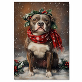 American Staffordshire Terrier Christmas Dog Wall Art with Red Scarf and Holly Wreath for Winter Snow Festive Puppy Holiday Artwork on Flat Rolled, Framed or Wrapped Canvas