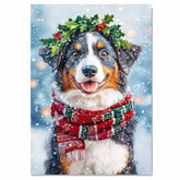 Australian Shepherd Christmas Dog Wall Art with Red Scarf and Holly Wreath for Winter Snow Festive Puppy Holiday Artwork on Flat Rolled, Framed or Wrapped Canvas