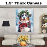 Australian Shepherd Christmas Dog Wall Art with Red Scarf and Holly Wreath for Winter Snow Festive Puppy Holiday Artwork on Flat Rolled, Framed or Wrapped Canvas