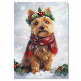 Australian Terrier Christmas Dog Wall Art with Red Scarf and Holly Wreath for Winter Snow Festive Puppy Holiday Artwork on Flat Rolled, Framed or Wrapped Canvas