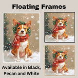 Basenji Christmas Dog Wall Art with Red Scarf and Holly Wreath for Winter Snow Festive Puppy Holiday Artwork on Flat Rolled, Framed or Wrapped Canvas