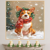 Basenji Christmas Dog Wall Art with Red Scarf and Holly Wreath for Winter Snow Festive Puppy Holiday Artwork on Flat Rolled, Framed or Wrapped Canvas