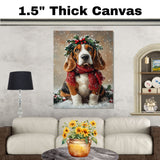 Basset Hound Christmas Dog Wall Art with Red Scarf and Holly Wreath for Winter Snow Festive Puppy Holiday Artwork on Flat Rolled, Framed or Wrapped Canvas