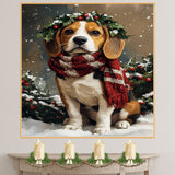 Beagle Christmas Dog Wall Art with Red Scarf and Holly Wreath for Winter Snow Festive Puppy Holiday Artwork on Flat Rolled, Framed or Wrapped Canvas