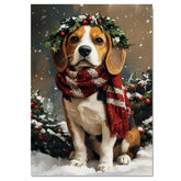 Beagle Christmas Dog Wall Art with Red Scarf and Holly Wreath for Winter Snow Festive Puppy Holiday Artwork on Flat Rolled, Framed or Wrapped Canvas