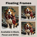 Beagle Christmas Dog Wall Art with Red Scarf and Holly Wreath for Winter Snow Festive Puppy Holiday Artwork on Flat Rolled, Framed or Wrapped Canvas