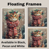 Bengal Cat Christmas Wall Art with Red Scarf and Holly Wreath for Winter Snow Festive Puppy Holiday Artwork on Flat Rolled, Framed or Wrapped Canvas