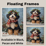 Bernedoodle Christmas Dog Wall Art with Red Scarf and Holly Wreath for Winter Snow Festive Puppy Holiday Artwork on Flat Rolled, Framed or Wrapped Canvas