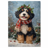 Bernedoodle Christmas Dog Wall Art with Red Scarf and Holly Wreath for Winter Snow Festive Puppy Holiday Artwork on Flat Rolled, Framed or Wrapped Canvas
