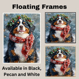 Bernese Mountain Christmas Dog Wall Art with Red Scarf and Holly Wreath for Winter Snow Festive Puppy Holiday Artwork on Flat Rolled, Framed or Wrapped Canvas