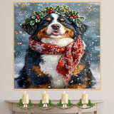 Bernese Mountain Christmas Dog Wall Art with Red Scarf and Holly Wreath for Winter Snow Festive Puppy Holiday Artwork on Flat Rolled, Framed or Wrapped Canvas