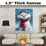 Bichon Frise Christmas Dog Wall Art with Red Scarf and Holly Wreath for Winter Snow Festive Puppy Holiday Artwork on Flat Rolled, Framed or Wrapped Canvas
