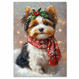 Biewer with Christmas Dog Wall Art with Red Scarf and Holly Wreath for Winter Snow Festive Puppy Holiday Artwork on Flat Rolled, Framed or Wrapped Canvas