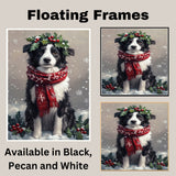 Border Collie Christmas Dog Wall Art with Red Scarf and Holly Wreath for Winter Snow Festive Puppy Holiday Artwork on Flat Rolled, Framed or Wrapped Canvas