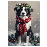 Border Collie Christmas Dog Wall Art with Red Scarf and Holly Wreath for Winter Snow Festive Puppy Holiday Artwork on Flat Rolled, Framed or Wrapped Canvas