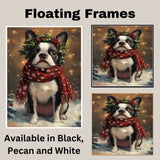 Boston Terrier Christmas Dog Wall Art with Red Scarf and Holly Wreath for Winter Snow Festive Puppy Holiday Artwork on Flat Rolled, Framed or Wrapped Canvas