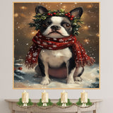 Boston Terrier Christmas Dog Wall Art with Red Scarf and Holly Wreath for Winter Snow Festive Puppy Holiday Artwork on Flat Rolled, Framed or Wrapped Canvas
